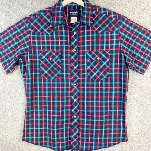 Wrangler Other - Wrangler Western Shirt Mens Large Blue Red Plaid Pearl Snap Cowboy Ranch Farmer